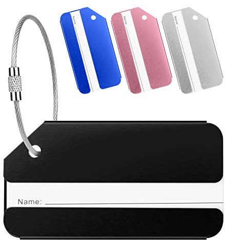 Flintronic 4 Pièces Etiquette Bagage, Bagages Étiquettes en Alliage d'aluminium avec Cordes en Acier Inoxydable, Étiquette bagage valise en aluminium avec carte d'identité
