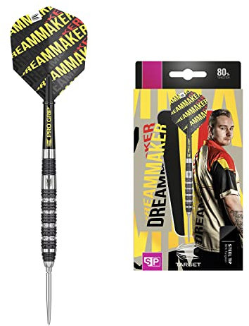 Target Darts Unisex-Adult Dimitri Van den Bergh Dream Maker 80% Wolfram Swiss Point Steeldarts-Set Dartpfeile, Schwarz, Gelb and Roter, 22G