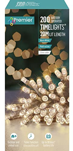 Premier 200 Timelights Battery Operated 20m Clear Cable Multi Action String Lights - Warm White
