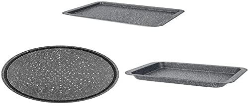 Salter Megastone Oven Pan Set, 3-Piece, Roasting Pan, Pizza Pan, Baking Tray, Strong & Durable Carbon Steel, Non-Stick & Easy-Clean, Oven Safe up to 220°C, Black/Silver