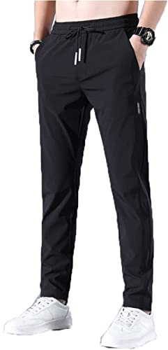 Schnell trocknende Stretch-Hose für Herren, Klassische Business-Hose mit hoher elastischer Taille, Ultra-elastische, leichte, schnell trocknende Jogginghose aus Eisseide mit Tasche. (Black,XL)