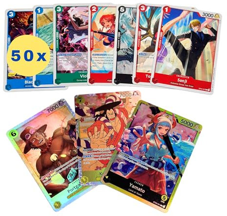 50 One Piece Karten - Englisch - Plus 3 Seltene (Holo) garantiert + Heartforcards® Versandschutz