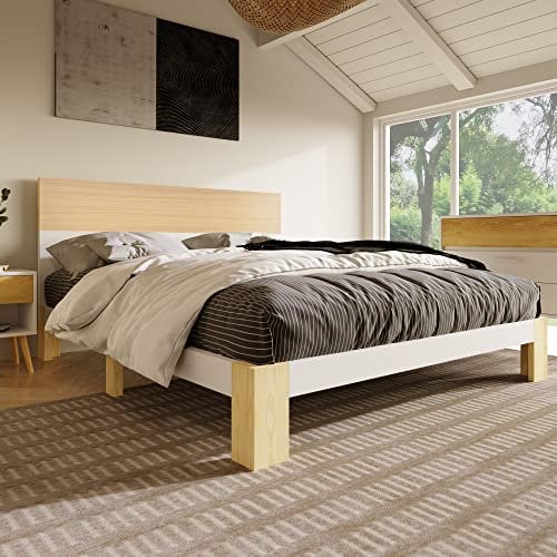 Kayan Holzbett Doppelbett mit Kopfteil Stauraumbett aus Bettgestell mit Lattenrost-140x200 cm Natürlich& Weiß Klassischen Landhausstil (140x200 cm)