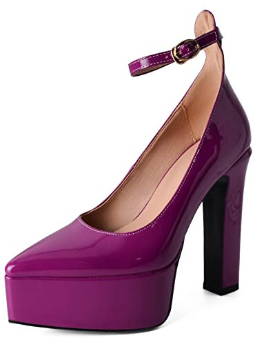Bviennic Donna Appuntito Stylish Tacco Alto A Blocco Pump Vernice Eleganti con Cinturino alla Caviglia Plateau Sposa Festa Scarpe Vestito Viola Numero 34 EU