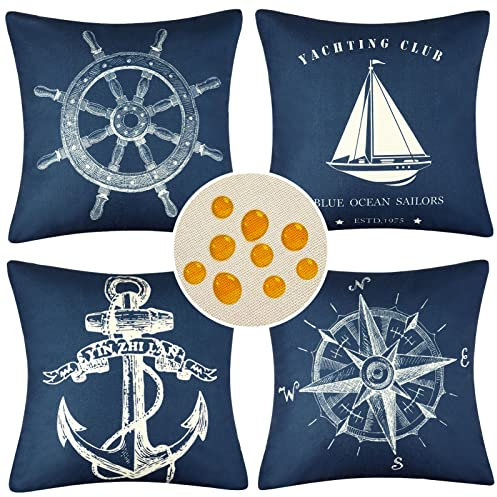 HomeStilez Kissenbezüge 50x50 Nautische Segeln Kissenhuellen Marineblaue Ruder Anker Segelboot Kompass Outdoor wasserdichte Leinen Kissenbezug 4er Set für Sofa Couch Schlafzimmer Patio Garten
