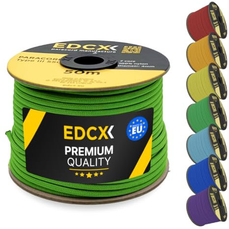 EdcX 4 mm Nylon Paracord 550 50 m (165 Fuß) – Typ III, 100% Nylonseil, 7-strängiges Seil, 4 mm Nylonseil in Volltonfarben (Neon Green, 50 m)