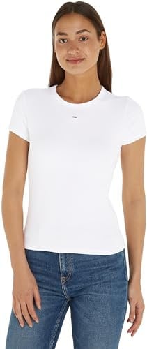 Tommy Jeans Donna T-Shirt Maniche Corte Essential Rib Slim Fit, Bianco (White), L