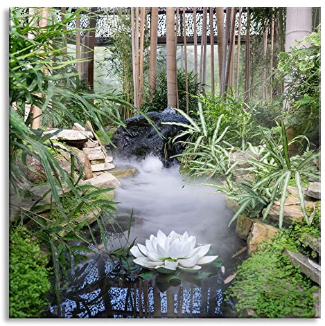 Pixxprint Tableau sur verre | Tableau mural sur verre véritable | Jardin zen Japon | 40 x 40 cm | Avec suspension et entretoises