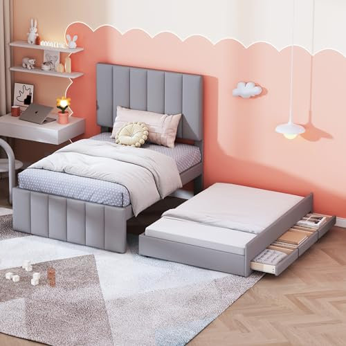 WIZBED Polsterbett Einzelbett mit Verstellbares Kopfteil, ausziehbares Bett mit 3 Schubladen, Kinderbett, Jugendbett, Gästebett, aus Leinen, Ohne Matratze