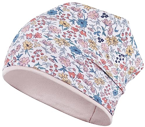 Smarilla Mädchen Mütze Übergangsmütze Beanie Blumen Frühling Herbst Baumwolle, Bekleidungsgröße: 46-48, Farbe: Beige-Puderrosa