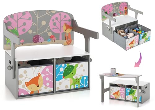 GOPLUS 3 in 1 Kinderbank, Kindersitzbank mit eingebauten Armlehnen & 2 herausnehmbaren Stoffkörben, Spielzeugtruhe Spielzeugkiste für Spielzimmer, Kinderzimmer & Kindergärten (Grau)