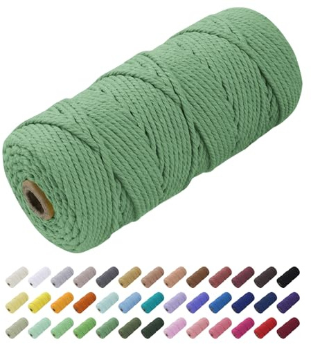 Uiopa Corde Macramé 3mm x 100m, Fil Macramé Coton Ficelle Cordon Naturelle, Cordelette 3mm pour Tenture Murale, Porte Plante Mural, Rideau, Décoration Bohème (Vert)