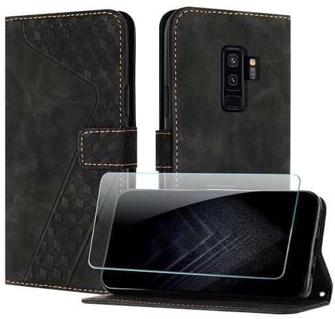 JayModCase Case for Samsung Galaxy S9 Plus with Screen Protector, Flip Wallet PU for Galaxy S9 Plus cover [Card Holder] [Magnetic Closure] [Kickstand] 360 Shockproof Protective Case - Black