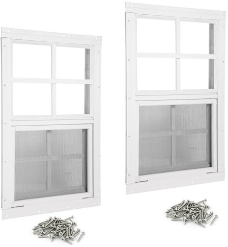 Paquete de 2 ventanas de cobertizo de 14 pulgadas de ancho x 21 pulgadas de alto, ventana blanca con vidrio templado y pantalla de fibra de vidrio, ventanas correderas con deslizador vertical y