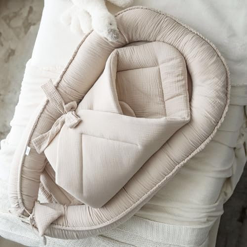 PALULLI® Set 2in1 Babynest und Einschlagdecke, 100% Musselinn, Baby Nestchen Set, Babynestchen - Baby Erstausstattung Babynestchen Neugeborene, Babynester Junge - mädchen