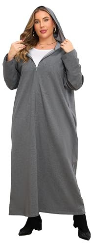 VOGMATE Damen Bademantel 4XL übergröße mit Kapuze Reißverschluss Baumwolle Leichter Lang Morgenmantel Kuschelig Hausmantel Nachtwäsche Große Größen Dunkelgrau