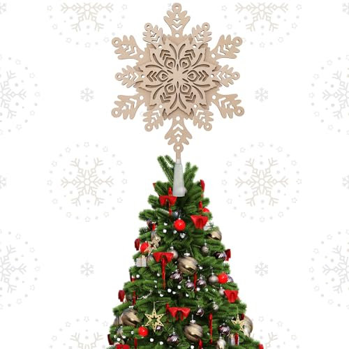 Weihnachtsbaumspitze Schneeflocke Holz Rustikale mit Geschnitzter Optik - Weihnachtsdekorationen für Feiertagsdekorationen Dekor (Schnee)