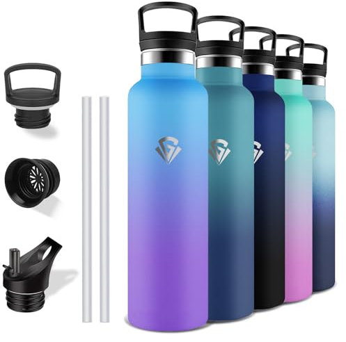 Grsta Gourde Isotherme, Gourde 1l, Sans BPA, Gourde Paille, Anti Fuite, Gourde Inox, Acier Inoxydable 18/8, Gourde Adulte, avec Paille et Ouverture pour Boire, pour Randonnée, Camping, Aptitude