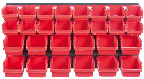 Set di 30 scatole impilabili e 2 ripiani da parete da 39 x 38 cm, pannello perforato per una conservazione flessibile, porta attrezzi per officina, garage e casa, facile da riporre