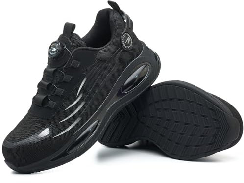 Stahlkappenschuhe Sicherheitsschuhe Herren mit Drehverschluss Arbeitsschuhe Leicht Arbeitsschutzschuhe Atmungsaktiv rutschfeste Safety Shoes Schwarz 45 EU