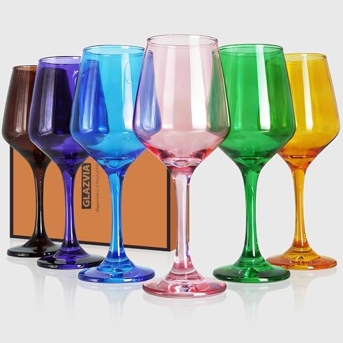 GLAZVIA Multi Colored Wine Glasses Set of 6, 12oz Colorful Stemmed Glasses | Thick Dishwasher Safe Stemware for Red or White, Gift for Party, Holiday, Anniversary, Restaurant, Home Bar, Daily Use