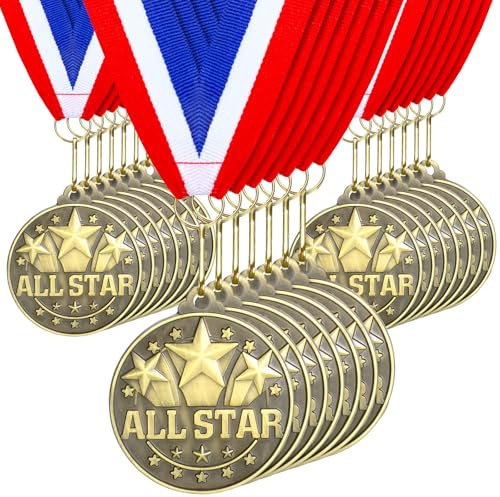 Quelay 30 Pcs 2'' Award Medals Bulk Gold Winner Medals with Neck Ribbons Metal Trophy Award Prize Gift for Tournaments, Competitions, Party, Kids and Adults (All Star)