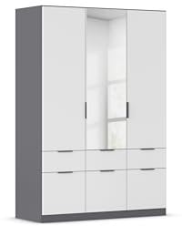 Rauch Möbel Dundee, Kleiderschrank, Schrank, Garderobe, Organizer, 3-türig, Spiegel, 6 Schubladen für mehr Stauraum, Farbe Weiß/Grau metallic, Schwarz, Kurze Griffleiste Grau metallic, 136x197x54cm
