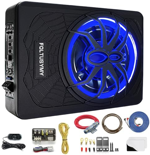 FOLTUSYMY 1200W 10 Slim Under Seat Powered Car Subwoofer, High/Low Level Input, Car/Truck Audio Sub Built-in Amplifier amp Combo Package, with Blue LED Light