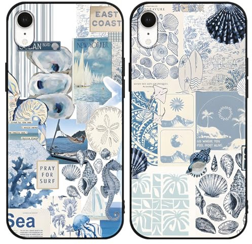 Phoona 2 Pack Cute Case for iPhone XR 6.1, European Collage Preppy Summer Girly Design Pattern for Girls Women, Slim Soft Silicone Shockproof Bumper Protector Cover, Blue 04