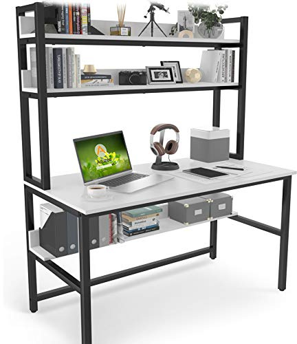 Aquzee Desk with Shelves, 140 cm White Computer Table with Storage, Gaming Desk with Large Wood Desktop, Metal Legs, Ideal for Storage Study Work Writing Home Office 60D x 140W x 165H cm