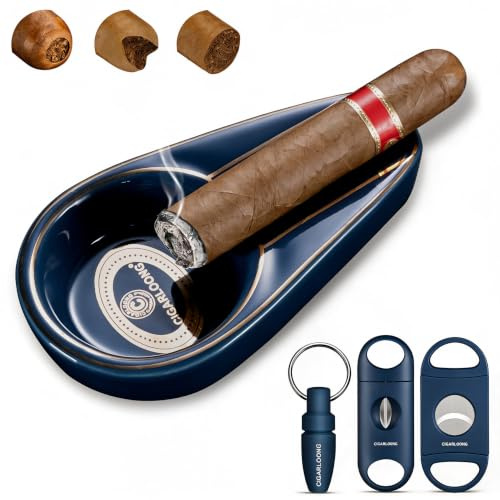 Cendrier à cigares en céramique avec coupe-cigare en V, guillotine à double lame et foret tranchant, cendrier incassable pour l'extérieur et l'intérieur (Bleu)