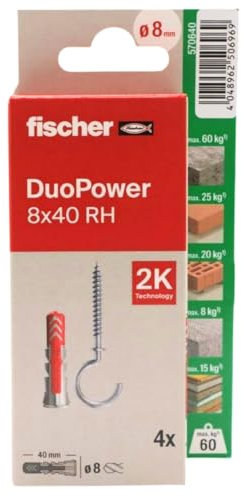 fischer - Duopower 8x40 Con Hembrilla Abierta- 2U, Tacos para pared multimaterial, sirven para Colgar Bicicletas, Cuadros, Armarios, Soportes de Televisión, Estanterías, Muebles.