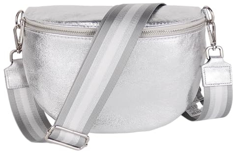 MIRROSI Damen Bauchtasche aus Echtleder, Made in Italy. Als Umhängetasche, Brust- oder Schultertasche tragbar, 26x20x8 cm, Reißverschlussfach hinten. (Metalic Silber: Glitzer)