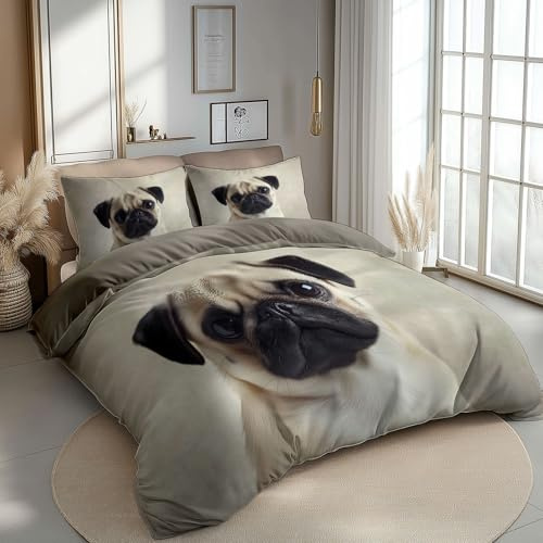 Bettwäsche Set 135 x 200 cm Tiere Mops Wende Motiv Microfaser bettwäsche mit Kissenbezug 80x80 cm, Bügelfrei Knitterfrei Bettbezug, Grau, für Allergiker geeignet
