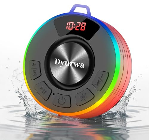 Shower Speaker with LED Lights, IPX7 Waterproof Speaker, Portable Outdoor Speaker with Stereo Bass, Suction Cup, Built-in Mic, 10H Playtime, Mini Bluetooth Shower Speakers for Bathroom Party Travel