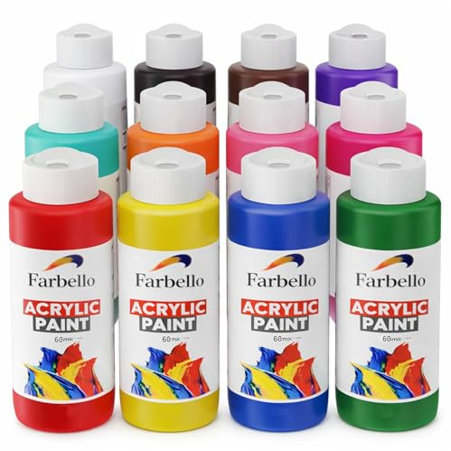 Farbello Acrylfarben Set 12x60 ml- Hochpigmentierte, wasserfeste Künstlerfarben für Acryl-Pouring, Leinwand, Holz, Stein, Papier & Metall – Leuchtende Malfarben (12 Farben)
