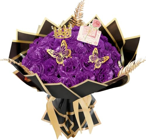 AIGOCITY 24Pcs Glitter Roses Bouquet,DIY Artificial Rose Bouquet Purple | Sparkly Fake Flower with Crown Card 3D Butterfly for Birthday Gifts Wedding Valentine's Day Mother's Day
