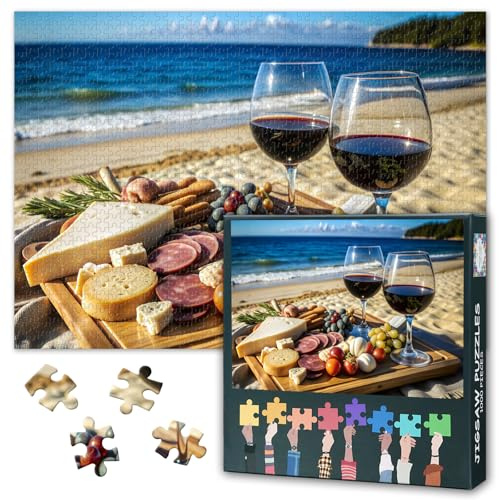 1000 Teile Puzzle für Erwachsene Elegantes Wein und Käse Platte Motiv Gourmet Puzzle Sammlerpuzzle Gesellschaftsspiel Gemütlicher Spieleabend Einsamkeit Reduzieren 50.5 x 70.5 cm