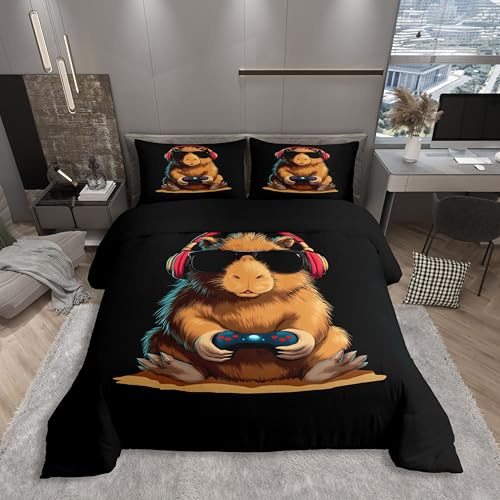 Homewish Cooles Gaming Capybara Bettwäsche Gamer Capybara Videospiele Druck Bettbezug Set 135x200cm Kinder Teenager, Trendkunst-Stil Design Bettset Wohndekor Tier und Gaming Enthusiasten Bettwäscheset