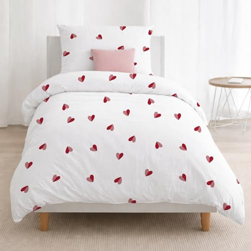 Dreamzie Copripiumino da 2 Pezzi – Copripiumino Singolo 140x200cm, Federa 65x65cm – Fantasia Cuori Rossi/Rosa