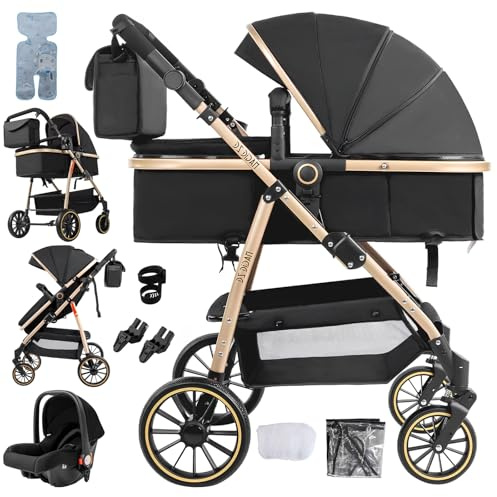 Veitoalioy Kinderwagen 3 in 1, Bequemer Multifunktionaler Kombikinderwagen 3 in 1 Komplettset, Aluminium Hohe Landschaft Babywagen Ein Fuß Bremsen, Faltbarer Kinderwagen Set (V8 BlackGold)