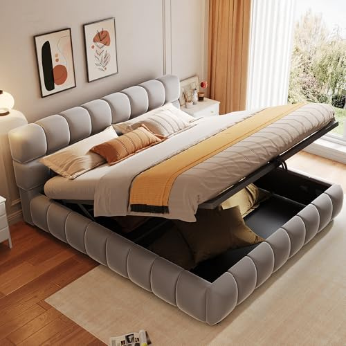 ECLIVON Doppelbett Polsterbett 140x200, Bodenbett Bett mit Hydraulisch Stauraum, Flachbett mit Weichem Kopfteil, Jugendbett Bettgestell mit Lattenrost, Schlafzimmer Möbel,Ohne Matratze, Samt (Grau B)
