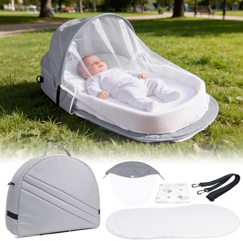 Verdego Reisebett Baby 34x84x10cm, Baby Reisebett 2 in 1 Klappbarer, Kinderreisebett mit Moskitonetze, Matratzen, Wickeltuch, Portable, Atmungsaktives, Travel Krippe für Reisen & Zuhause(Hellgrau)
