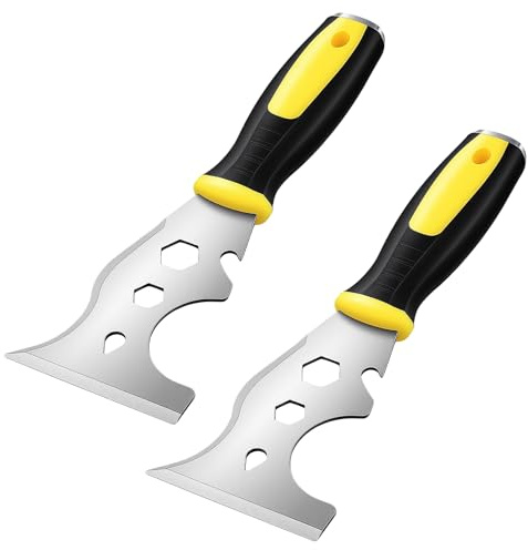 CHEUNGR 2 Pcs 13-in-1 Painters Tool, Multi Stainless Steel Scraper Tool Includes Roller, Straight and Curved Scrapers for Paint and Wallpaper Removal, Roller Cleaner, Putty Spreader