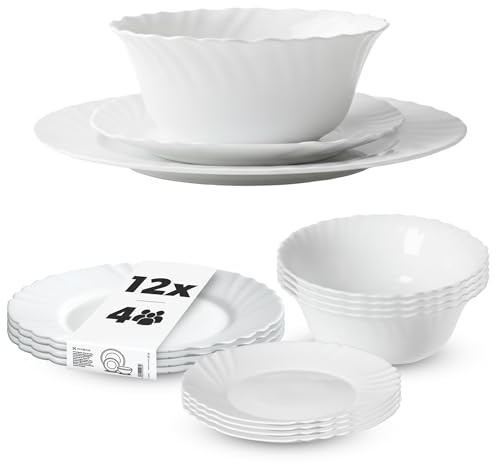KADAX Geschirrservice 12-teilig, Geschirrset für 4 Personen, Tafelservice mit Müslischale, Dessertteller & Speiseteller, Tellerset aus Opalglas, Geschirr Set (Weiß)