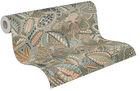 A.S. Création Blätter-Vliestapete – Grau, Blau, Rot, Rosa – 10,05 x 0,53 m | Florales Blätter-Motiv als natürlicher Blickfang – matte Motivtapete, einfach zu verkleben & spurlos abziehbar