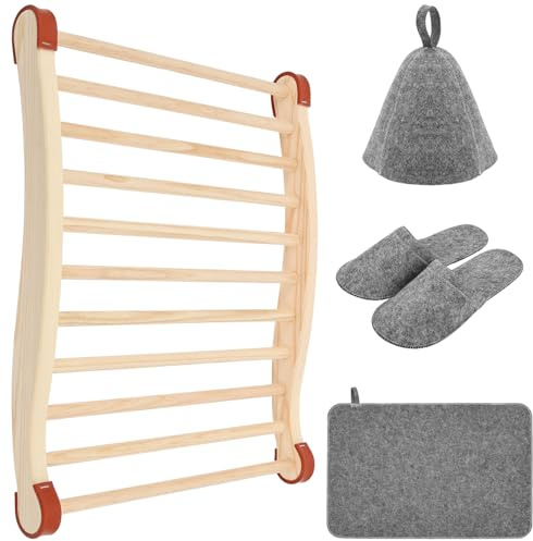 Bastu-ryggstöd av 100 % naturträ, bekvämt bastunackstöd trä med bastumat, bastuhatt och bastutofflor, ergonomiskt formad, bastutillbehör för hem, bastu och infraröd kabin (natur)