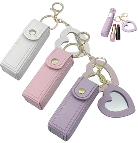 Ciondolo per borsa lucidalabbra, portachiavi porta lucidalabbra da 3 pezzi con specchio, ciondolo per borsa portatile per rossetto - Portachiavi carino in pelle PU a forma di cuore per balsamo, rosse