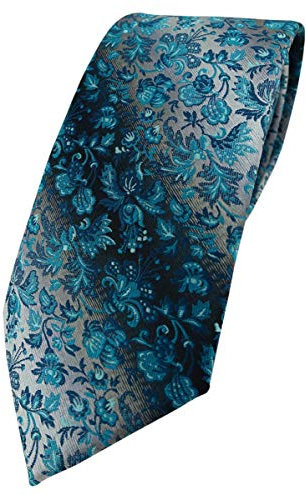 TigerTie Designer Krawatte in türkis anthrazit grausilber geblümt gemustert