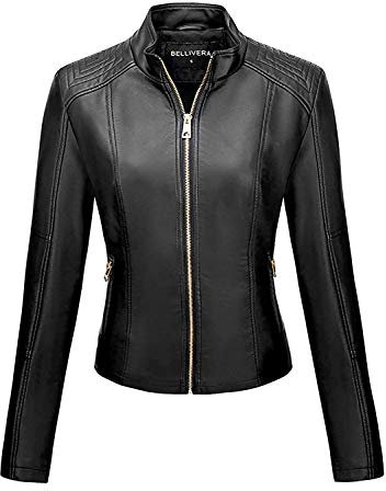 BELLIVERA Giacca PU da donna Primavera Autunno Pelle Cappotto Casual Corto per motocicli Cappotto 37 Nero L